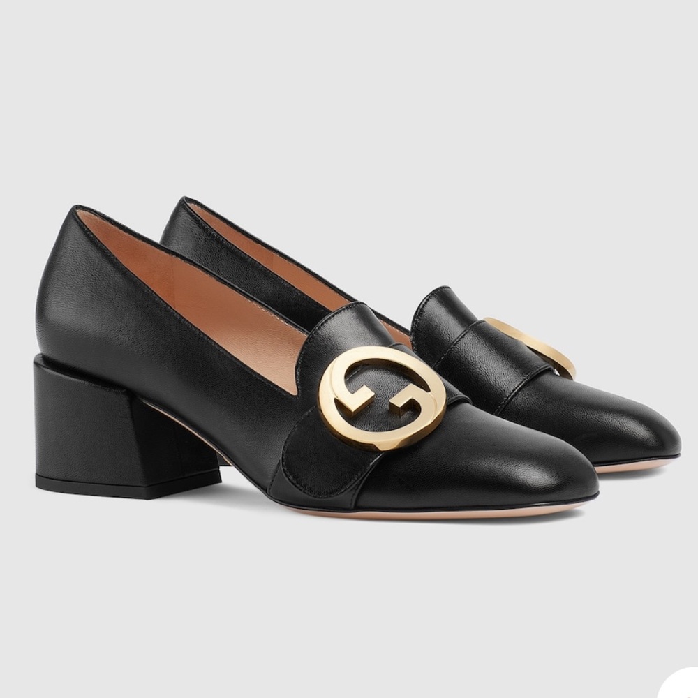 New Gucci Blondie GG Logo Black Leather Loafer Pumps